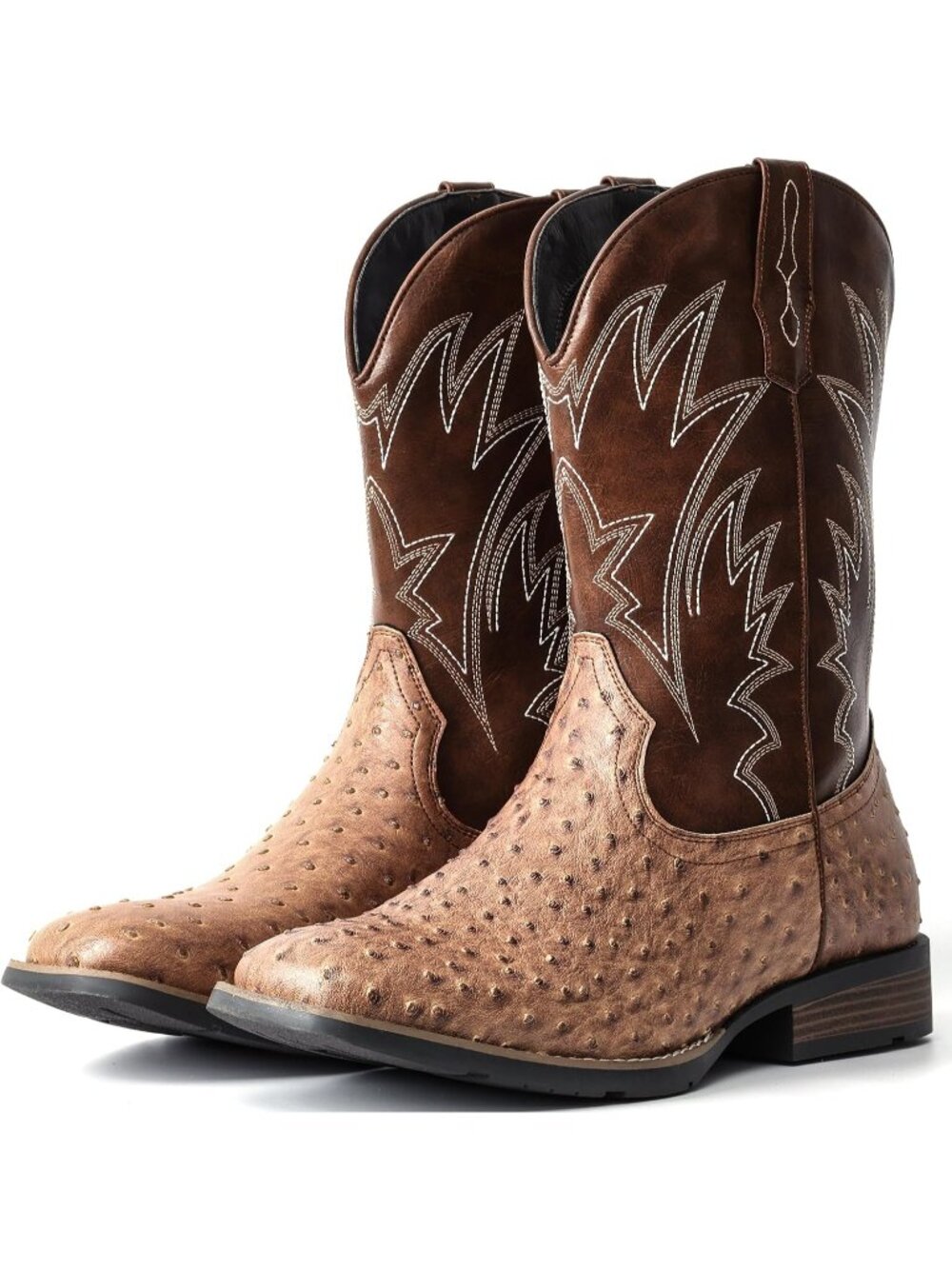 🆕Men's Ostrich Brown Cowboy Boots Western Ostrich Wide Embroidered Pull On